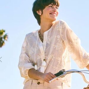 Chico’s Embroidered Tassel Tie-Front Top - S/4